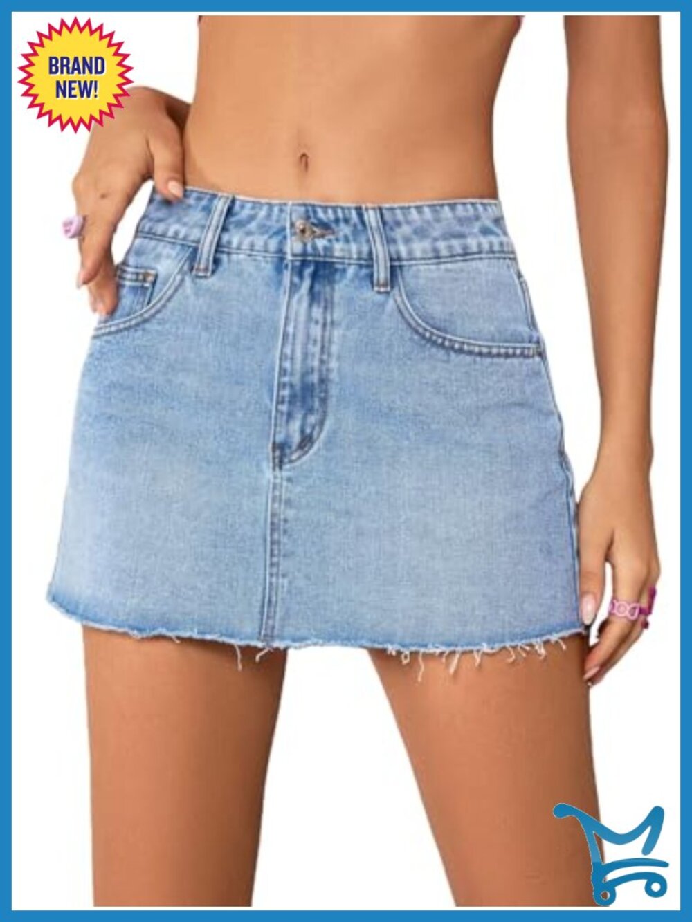 Mini Denim Skirt Mid Rise Raw Hem Stretch Jean Women's